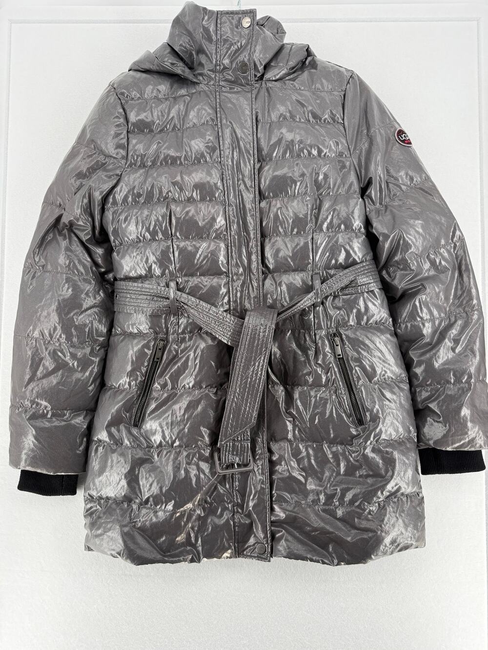 UGG Women’s M Metallic Silver Belted Down Puffer Coat Hooded Long